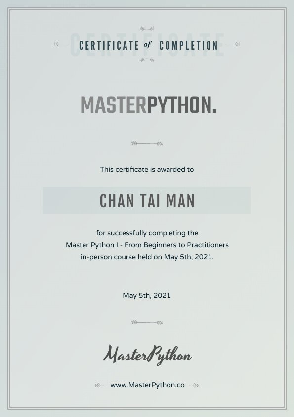 MasterPython Python Course Cert Sample